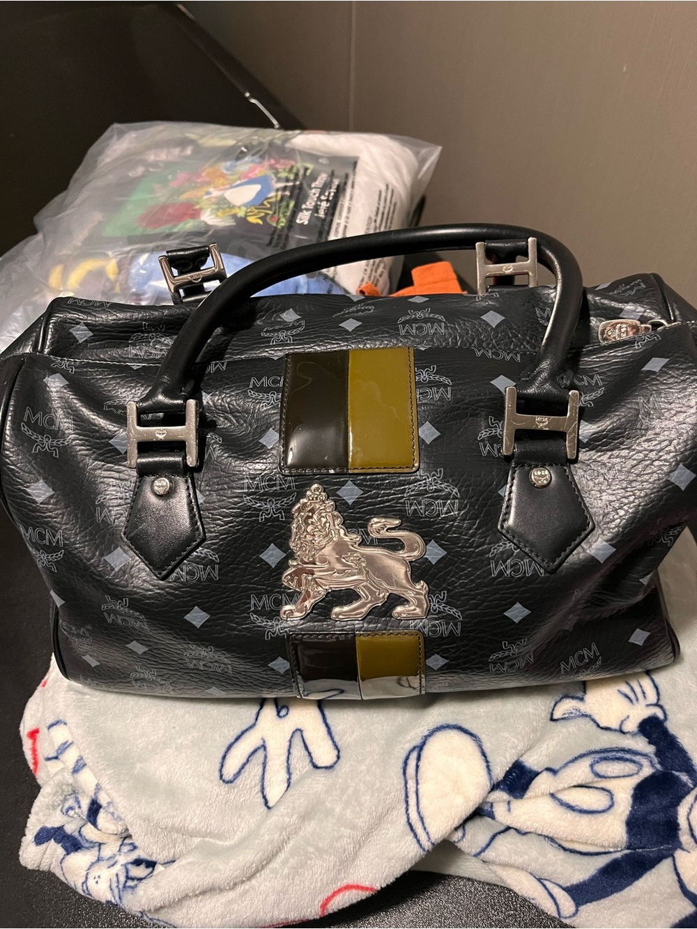 MCM Black Satchel with Olive Accent and Silver Hardware